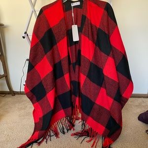 NWT red and black Buffalo plaid shawl with tassels